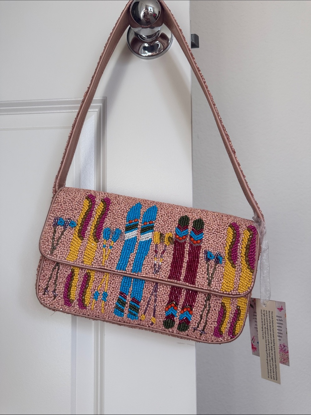 Embroidered Pink Beaded Shoulder Bag with Ski Motif